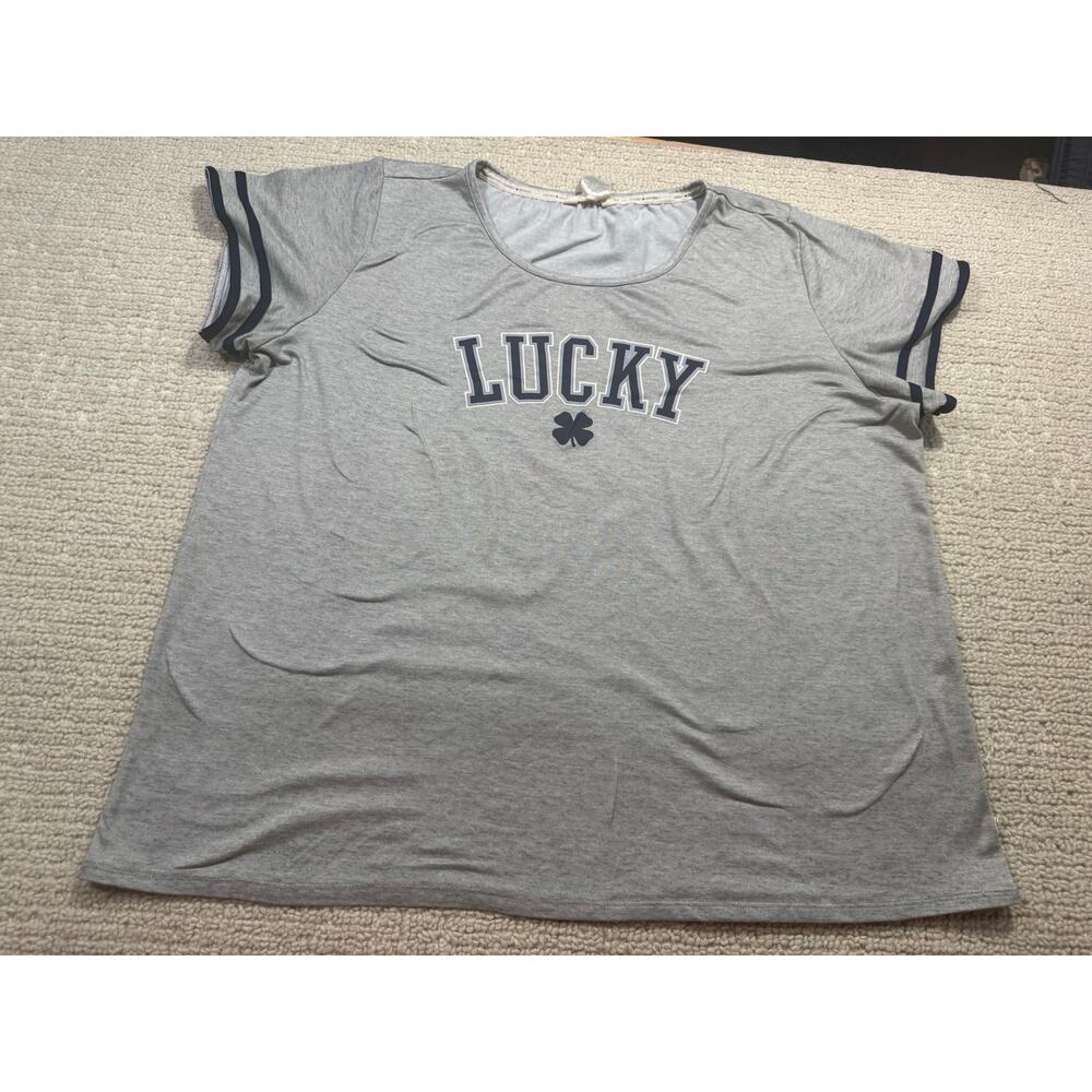 Lucky Brand Women’s 1X Tee “Lucky” Logo Clover Graphic Ringer Gray Soft Classic